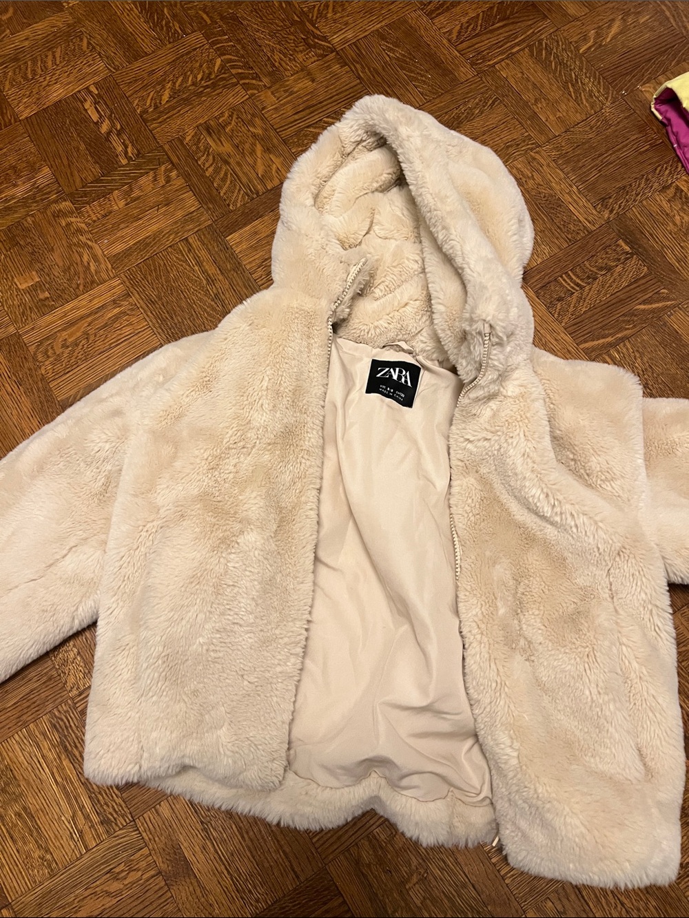 ZARA Kids Beige Cream Faux Fur Hooded Coat
